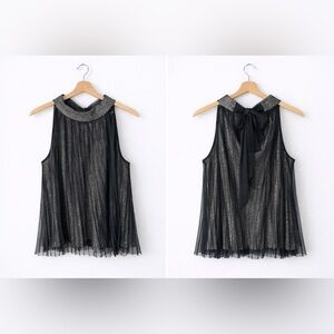 Express Metallic Pleated Halter Top Black Gold Sheer Party Blouse XL, EUC